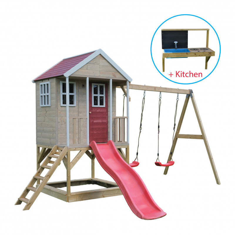 Casuta de gradina Nordic Adventure House cu platforma cu loc pentru nisip, tobogan si leagan dublu (M30R), Wendi Toys